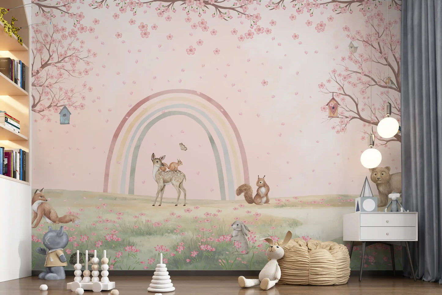 Fresque murale « Amis de la forêt fantaisistes avec arc-en-ciel pastel »