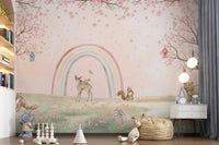 Fresque murale « Amis de la forêt fantaisistes avec arc-en-ciel pastel »