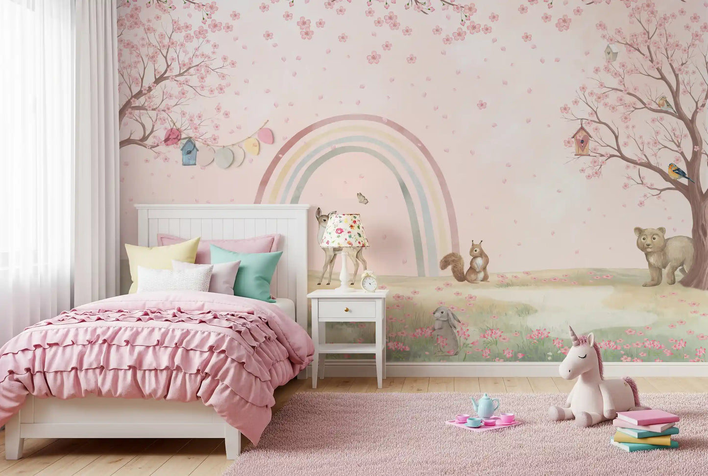 Fresque murale « Amis de la forêt fantaisistes avec arc-en-ciel pastel »