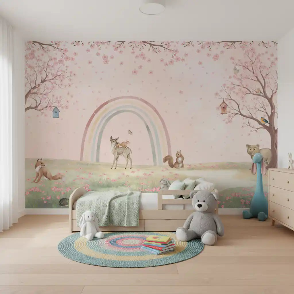 Fresque murale « Amis de la forêt fantaisistes avec arc-en-ciel pastel »
