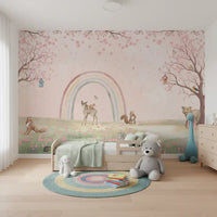 Fresque murale « Amis de la forêt fantaisistes avec arc-en-ciel pastel »