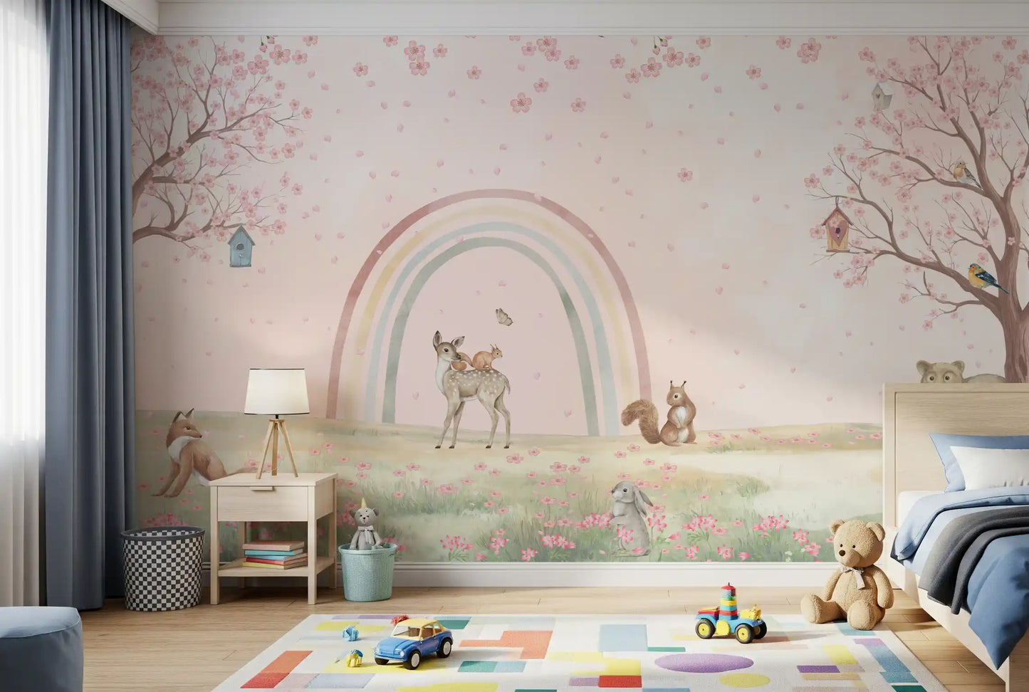 Fresque murale « Amis de la forêt fantaisistes avec arc-en-ciel pastel »