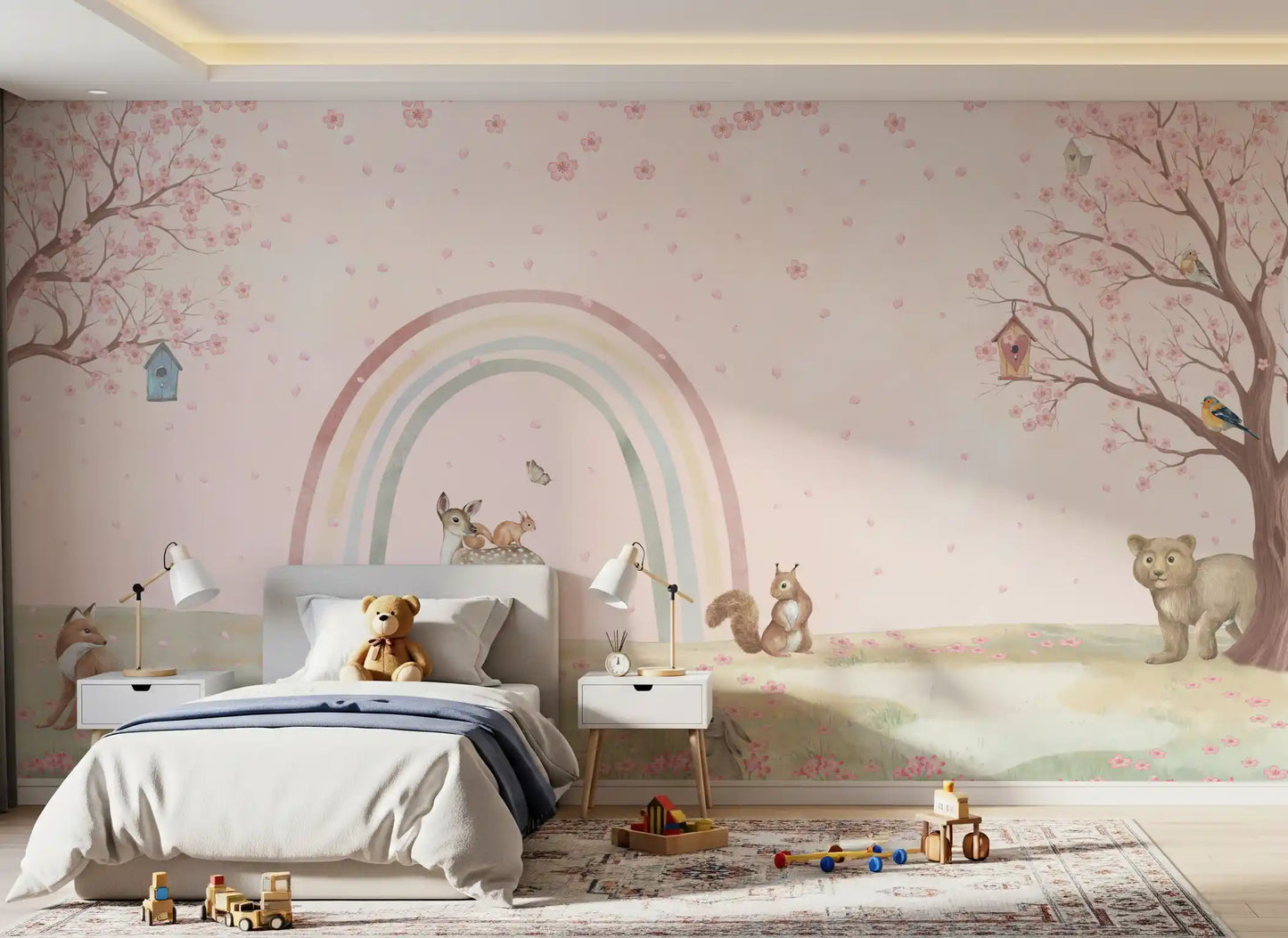Fresque murale « Amis de la forêt fantaisistes avec arc-en-ciel pastel »