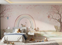 Fresque murale « Amis de la forêt fantaisistes avec arc-en-ciel pastel »