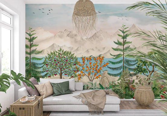 Murale panoramico da parete con vista serena su montagne e frutteti
