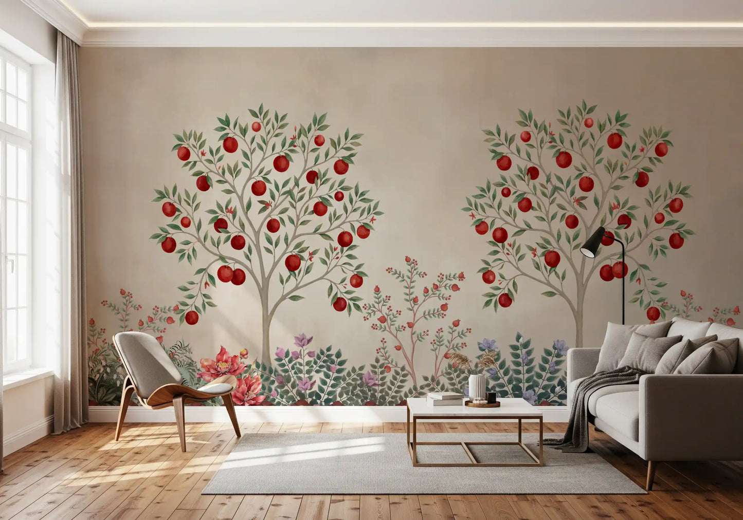 Papier peint panoramique imprimé « Verger fruitier rustique » d’inspiration patrimoniale