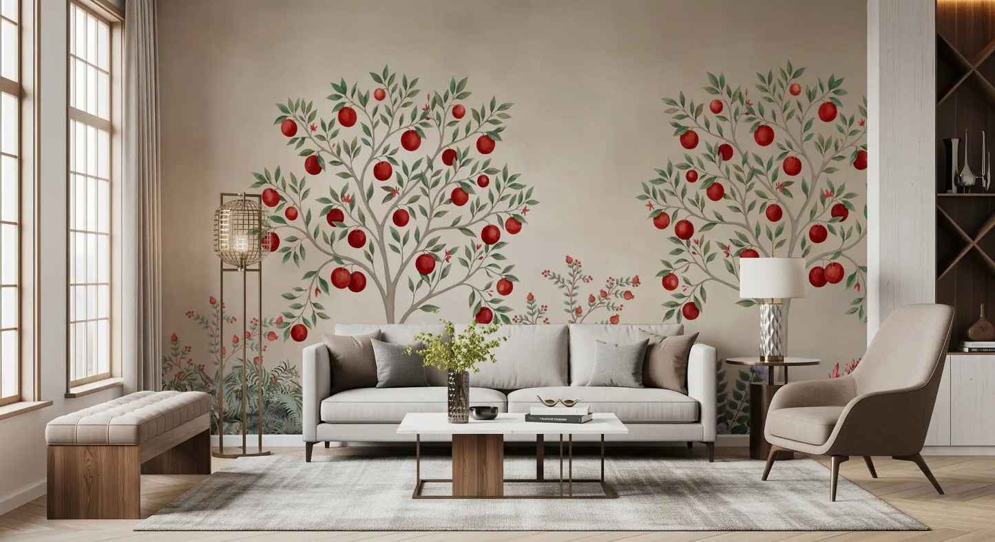Papier peint panoramique imprimé « Verger fruitier rustique » d’inspiration patrimoniale