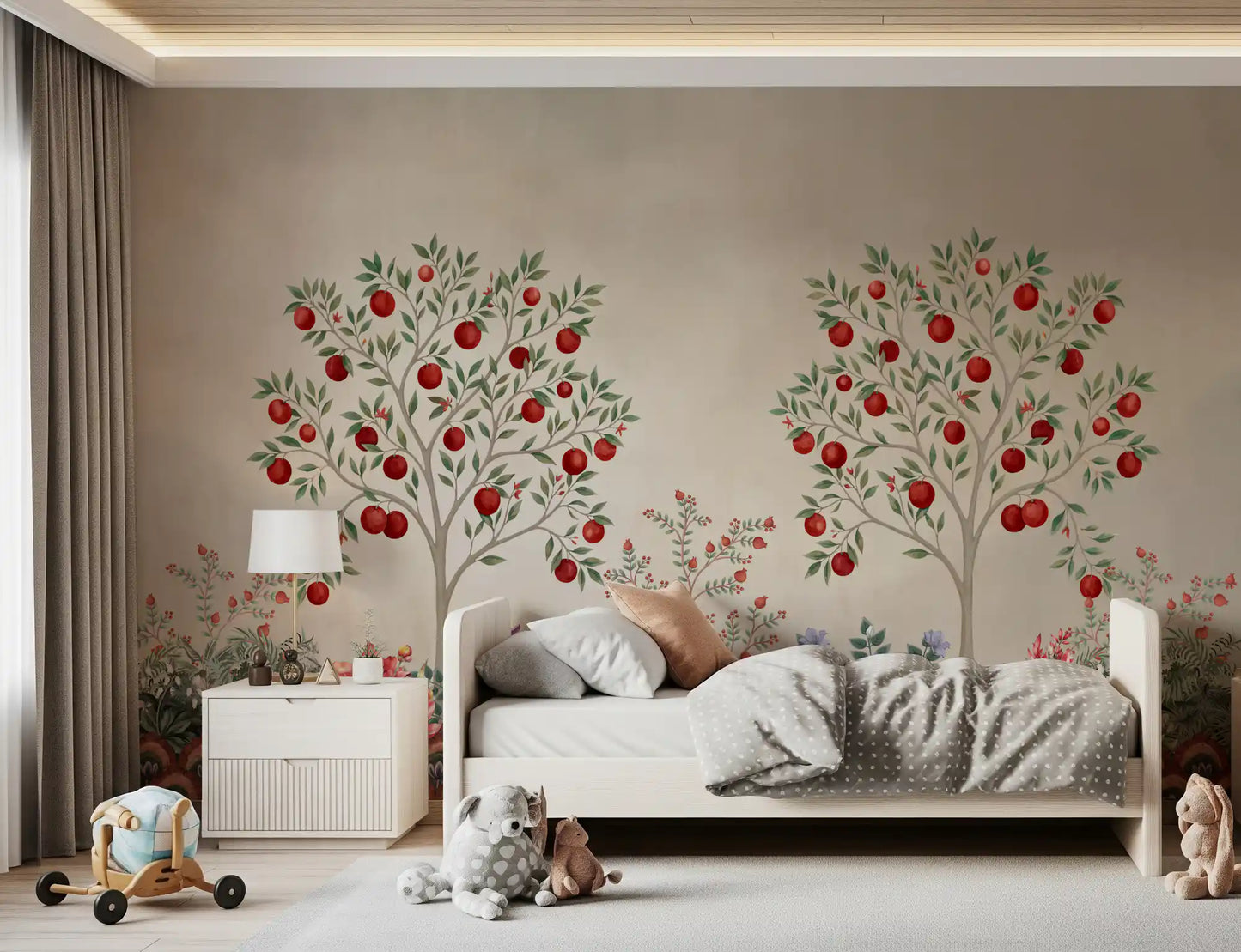 Papier peint panoramique imprimé « Verger fruitier rustique » d’inspiration patrimoniale