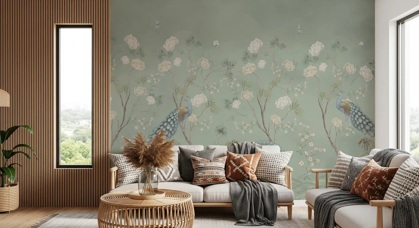 Papier peint panoramique « Scène de paons dans un jardin vert-de-gris »