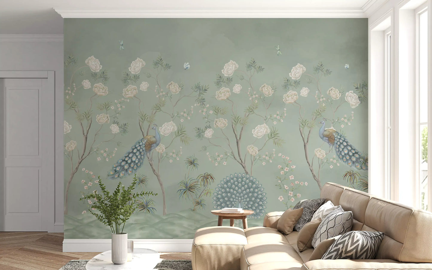 Papier peint panoramique « Scène de paons dans un jardin vert-de-gris »
