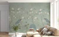 Papier peint panoramique « Scène de paons dans un jardin vert-de-gris »