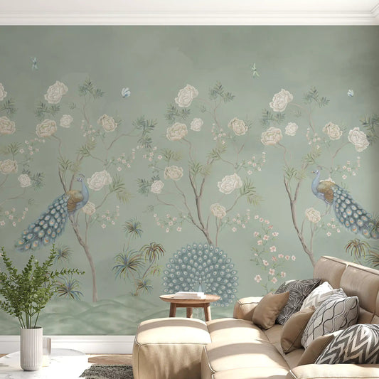 Painted peacocks and blooms fill the Sage Garden Peacock Scene Wall Mural GD12210