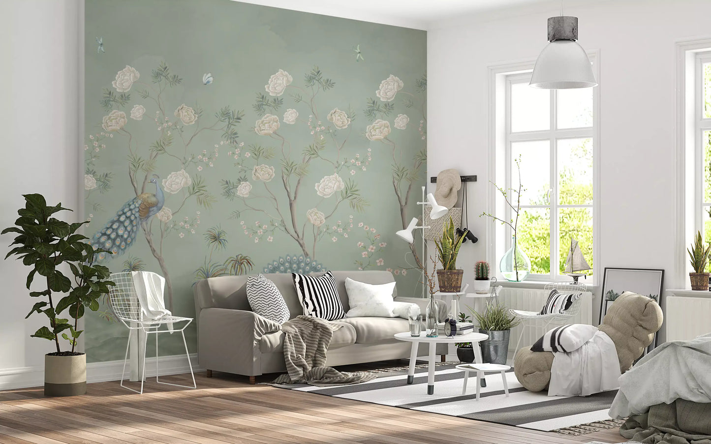 Papier peint panoramique « Scène de paons dans un jardin vert-de-gris »