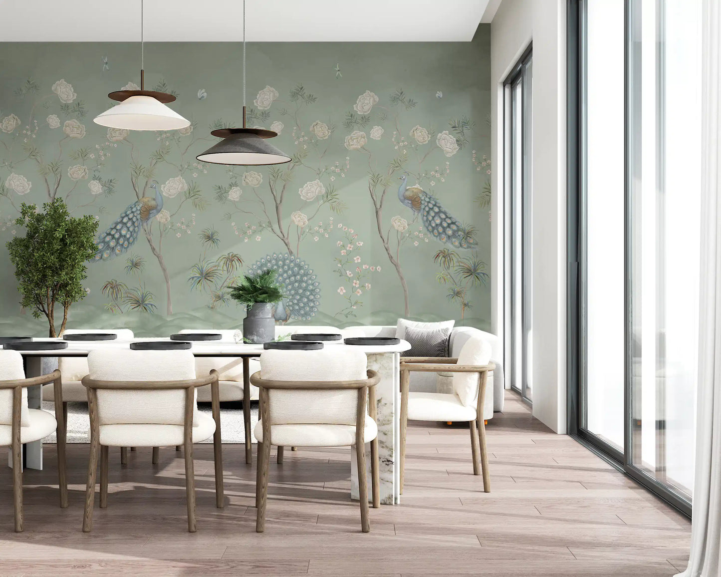 Papier peint panoramique « Scène de paons dans un jardin vert-de-gris »
