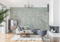 Papier peint panoramique « Scène de paons dans un jardin vert-de-gris »