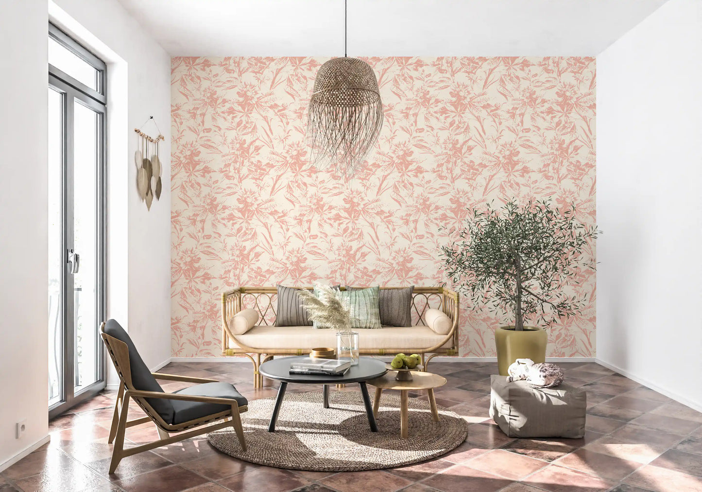 Tapet med myk blush og botanisk skisse