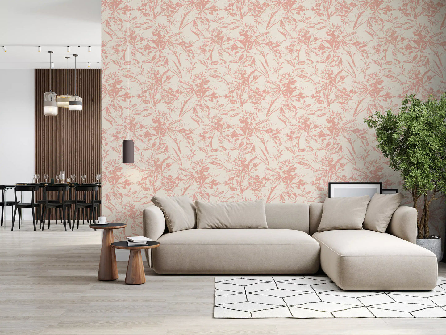 Tapet med myk blush og botanisk skisse