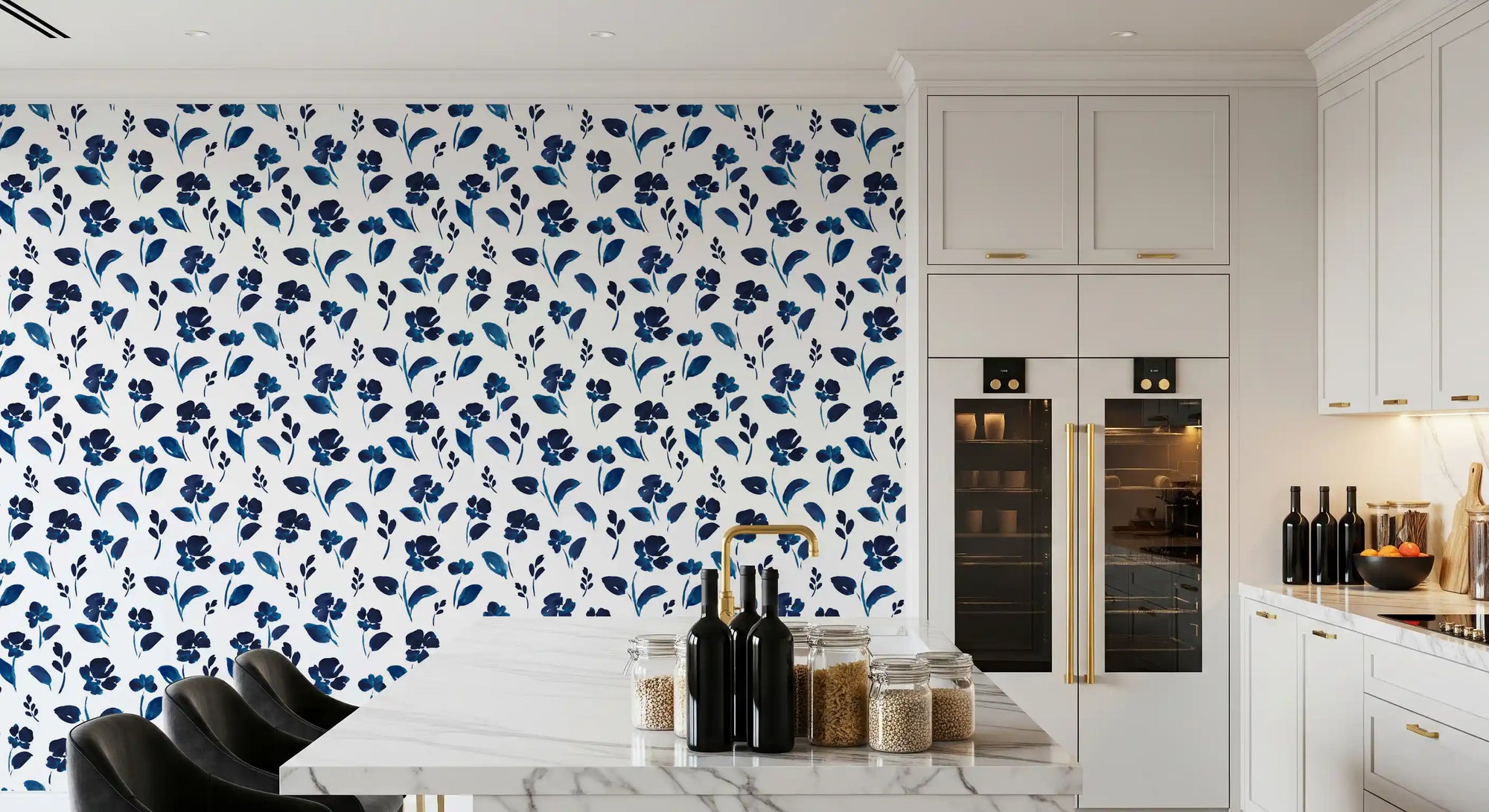 Kitchen strewn with the indigo botanical meadow wallpaper GD12218
