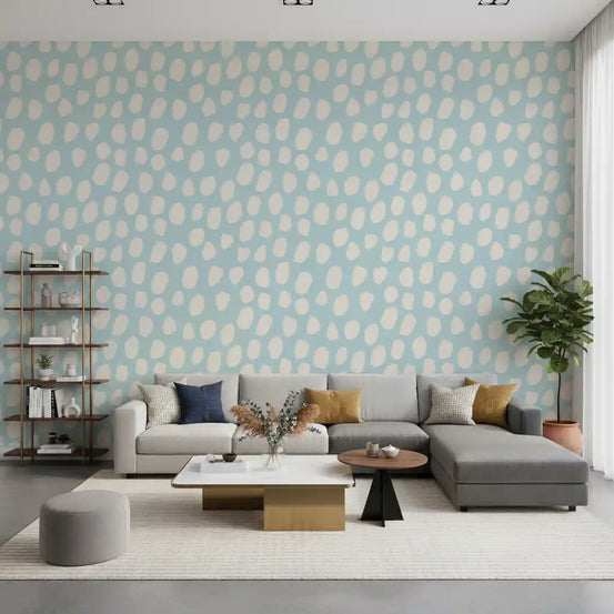 Carta da parati con texture a pois nei toni del blu tenue e del crema