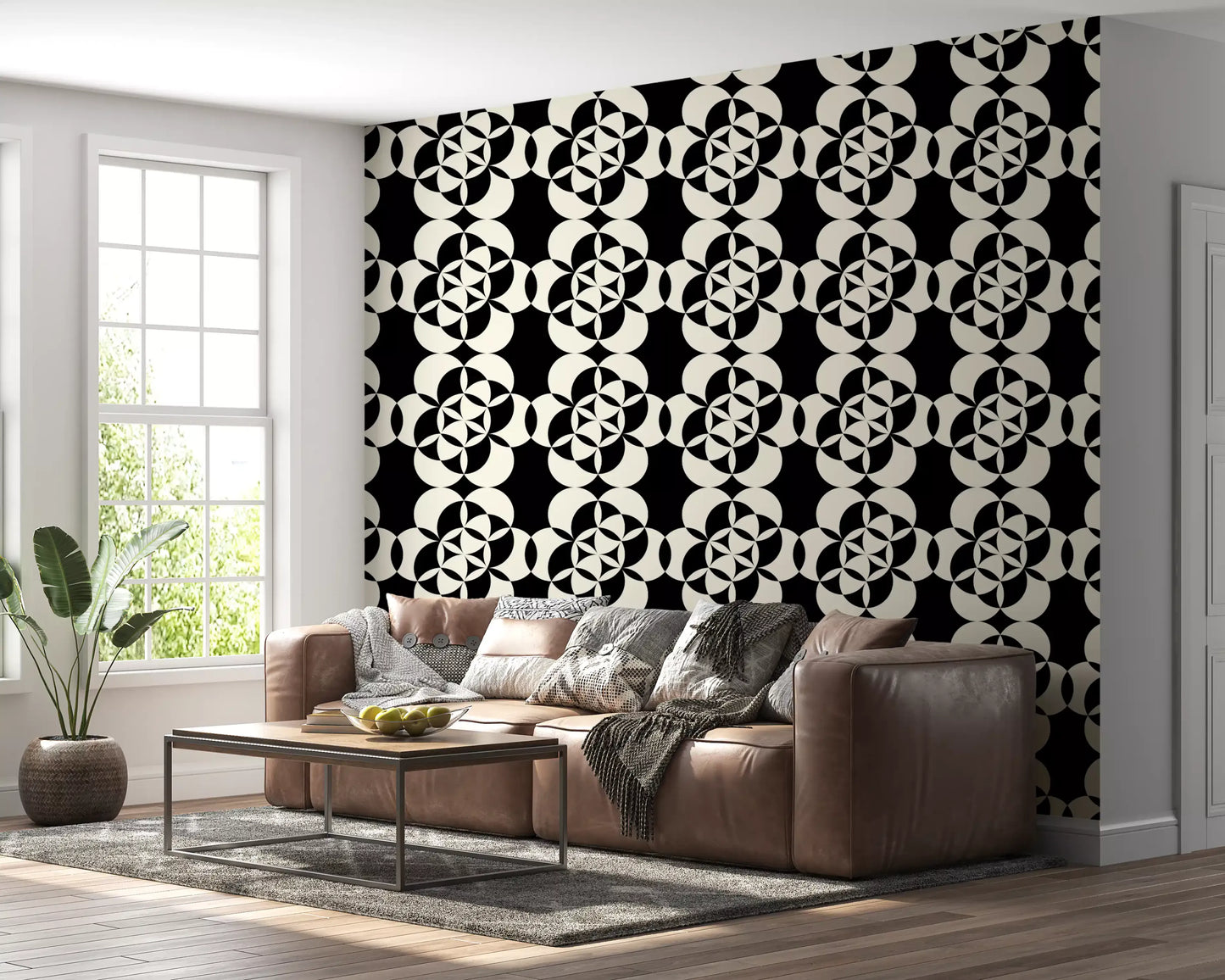 Carta da parati decorativa grafica monocromatica con griglia circolare