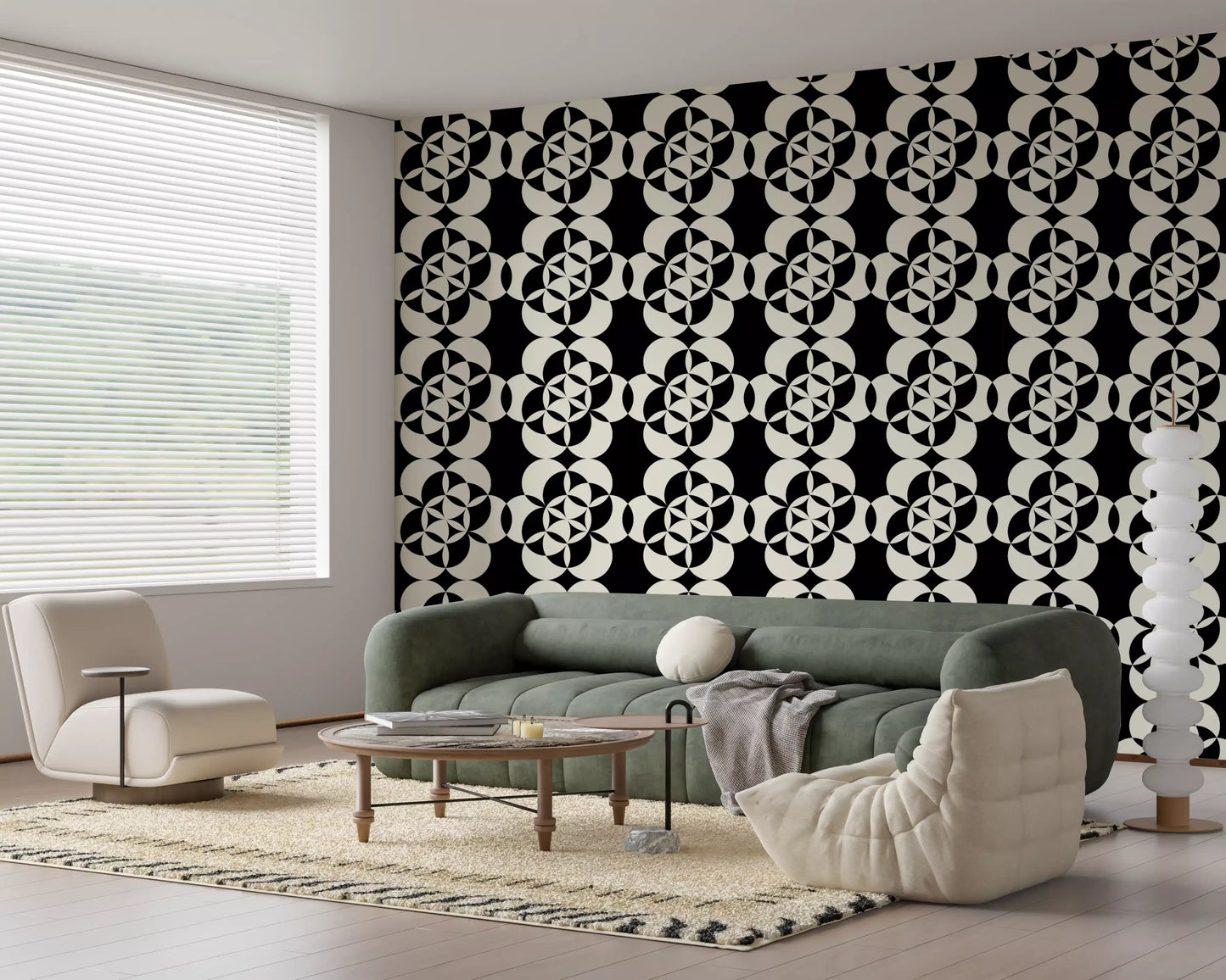 Carta da parati decorativa grafica monocromatica con griglia circolare
