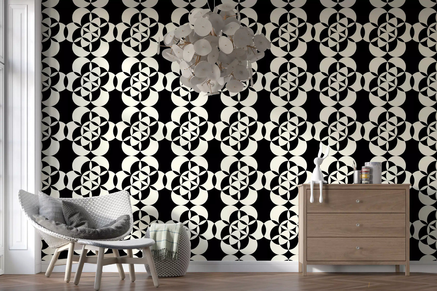 Carta da parati decorativa grafica monocromatica con griglia circolare