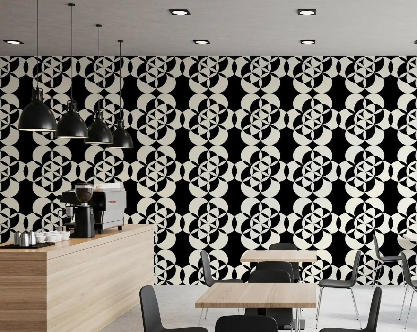Carta da parati decorativa grafica monocromatica con griglia circolare