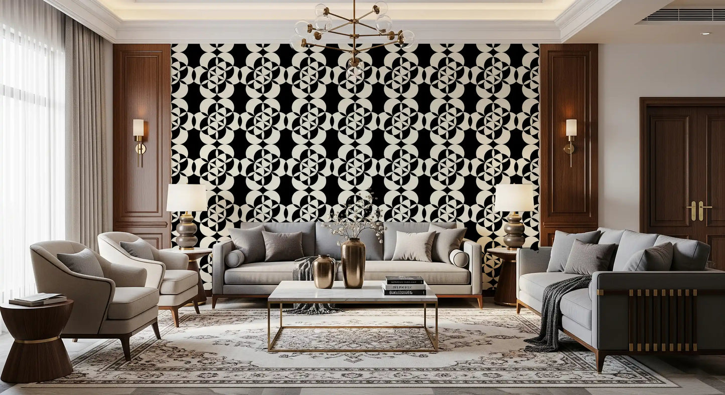Carta da parati decorativa grafica monocromatica con griglia circolare