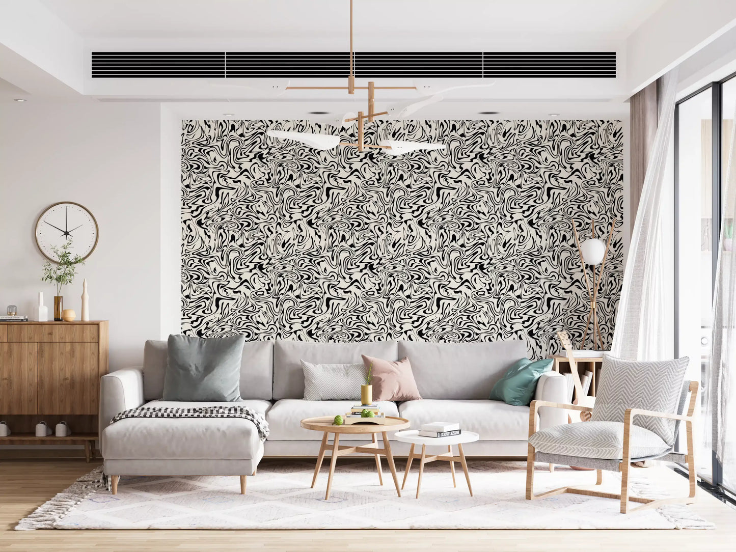 Carta da parati con vortici fluidi effetto marmo bianchi e neri