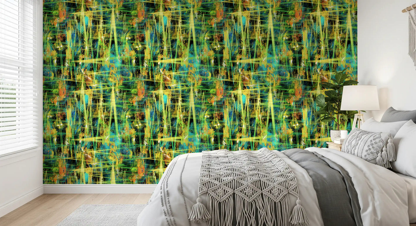 Carta da parati artistica astratta con zigzag al neon