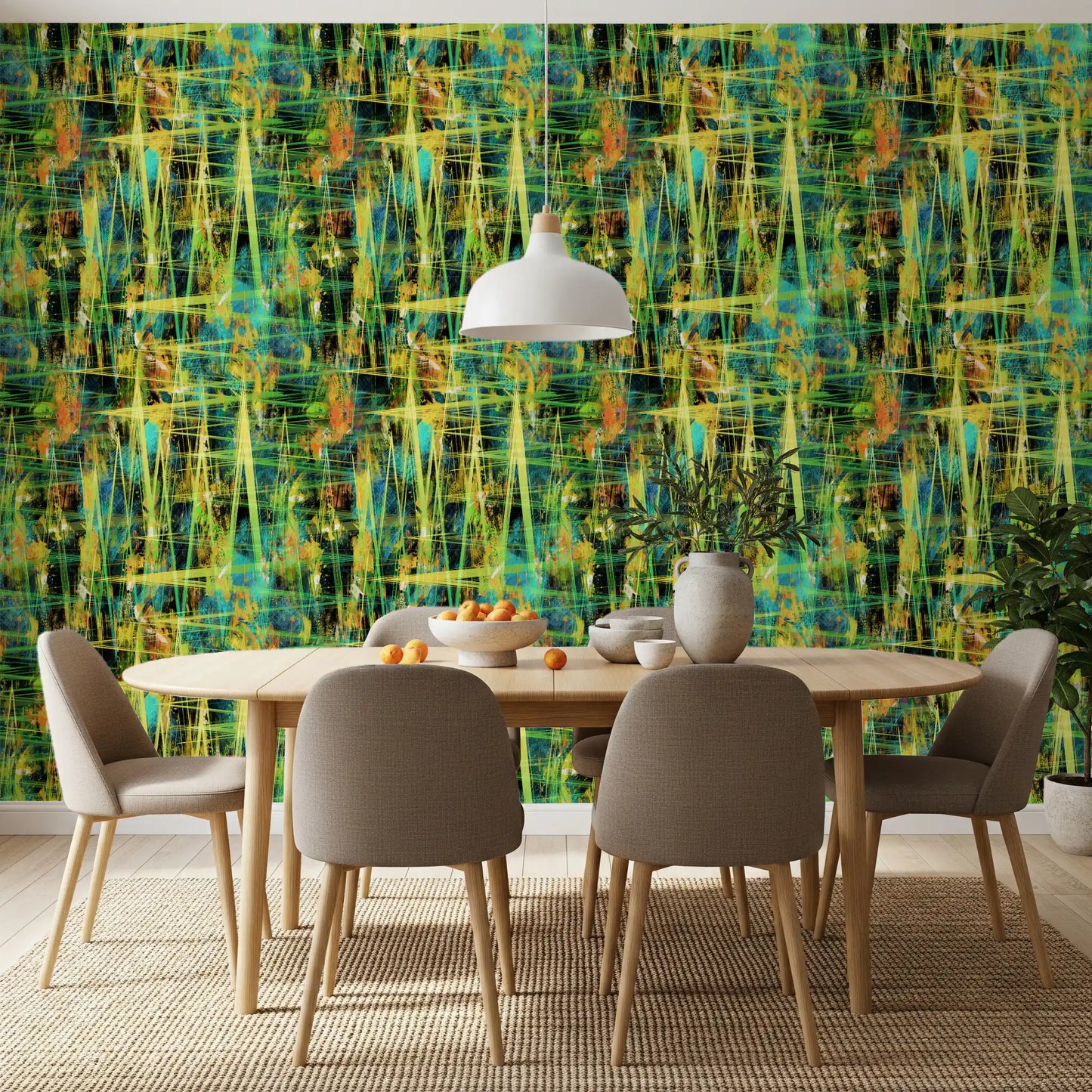 Carta da parati artistica astratta con zigzag al neon
