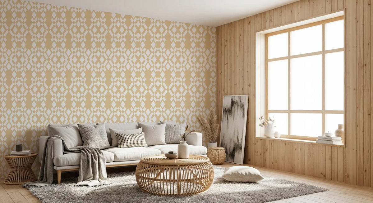 Lattice tilework repeats behind a living room on this Cream Geometric wallpaper GD12232
