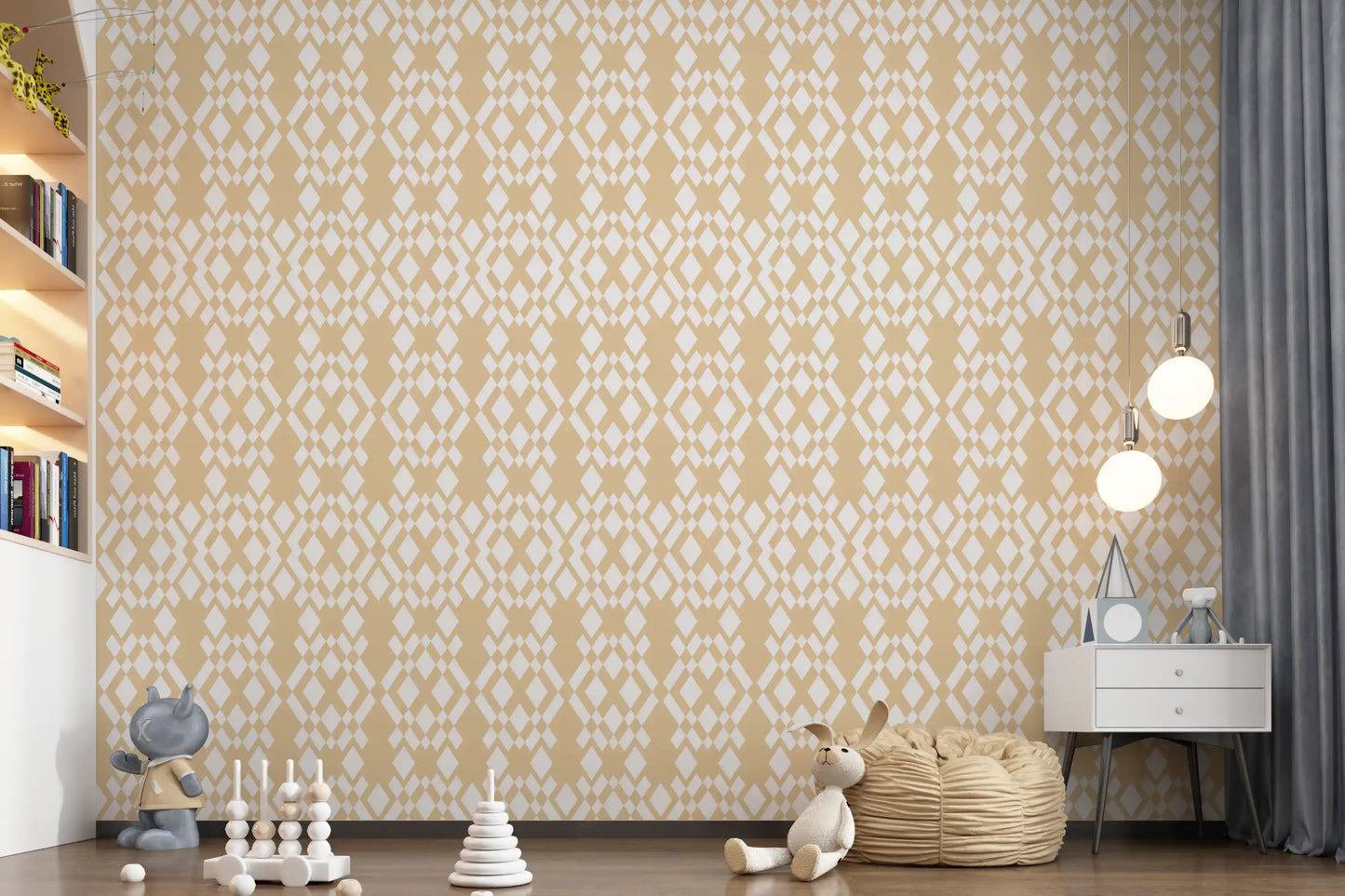 Carta da parati geometrica a reticolo color crema e bianco