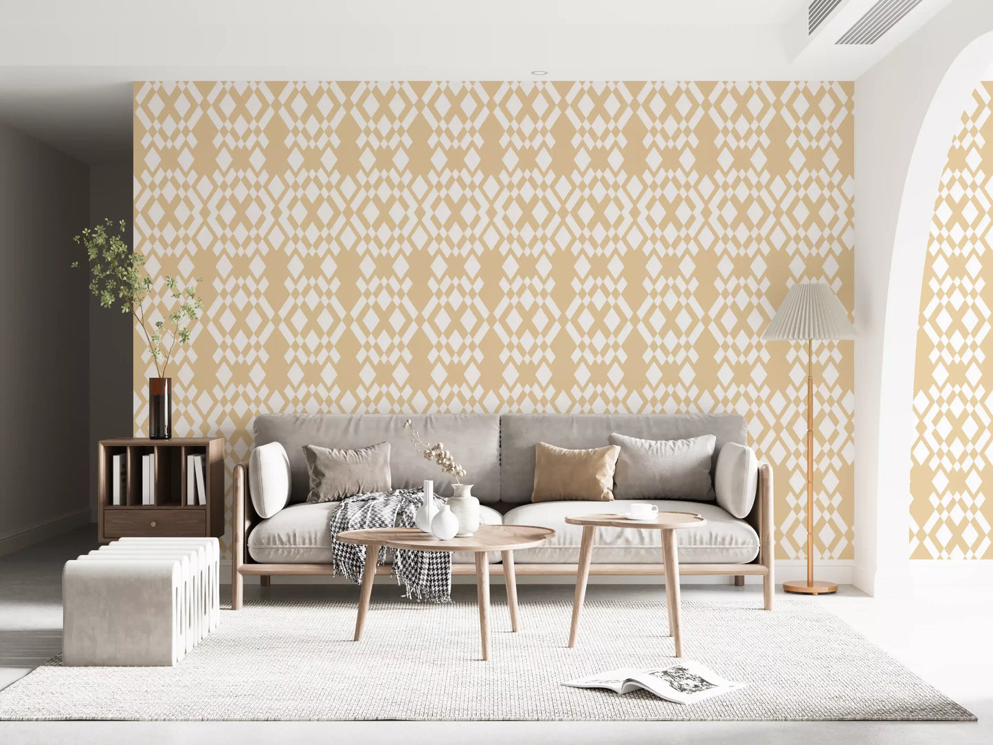 Carta da parati geometrica a reticolo color crema e bianco