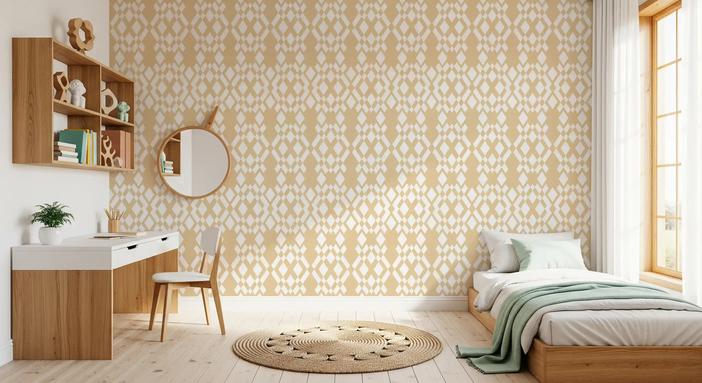 Carta da parati geometrica a reticolo color crema e bianco