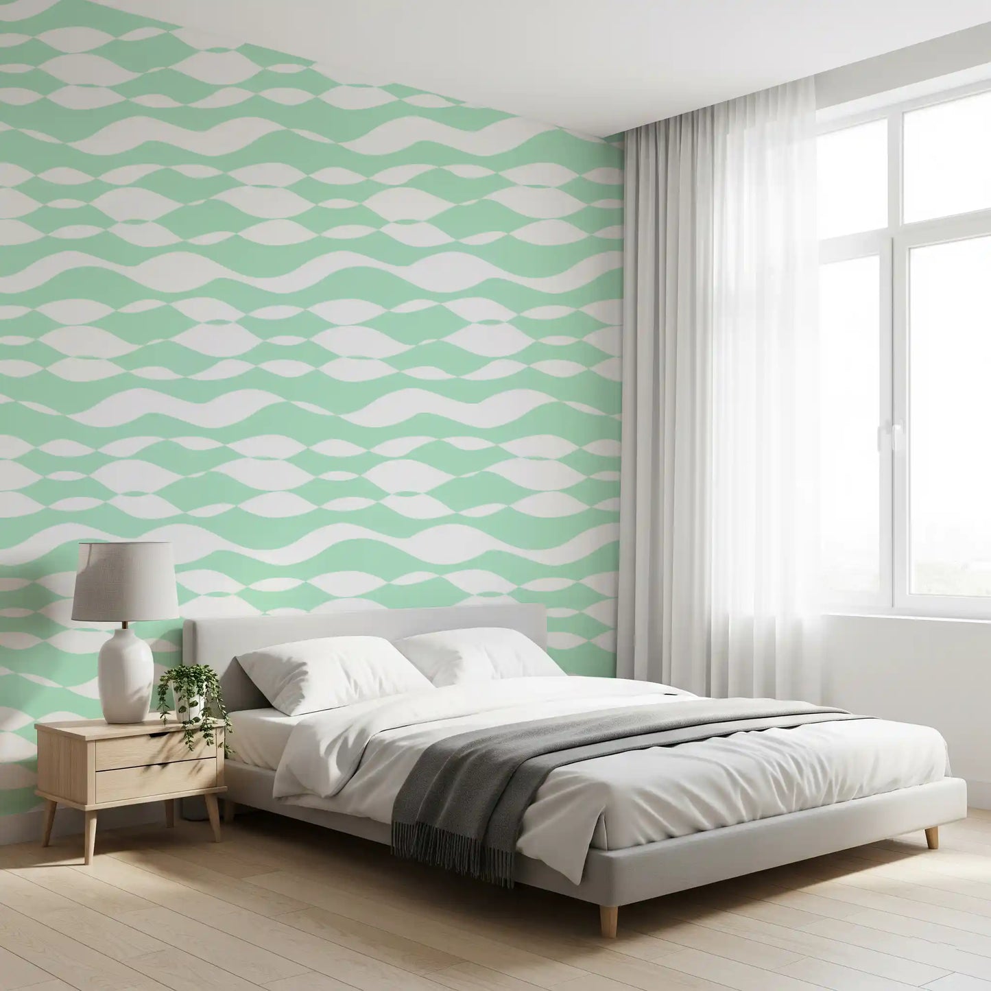 Carta da parati con motivo lineare ondulato color salvia tenue