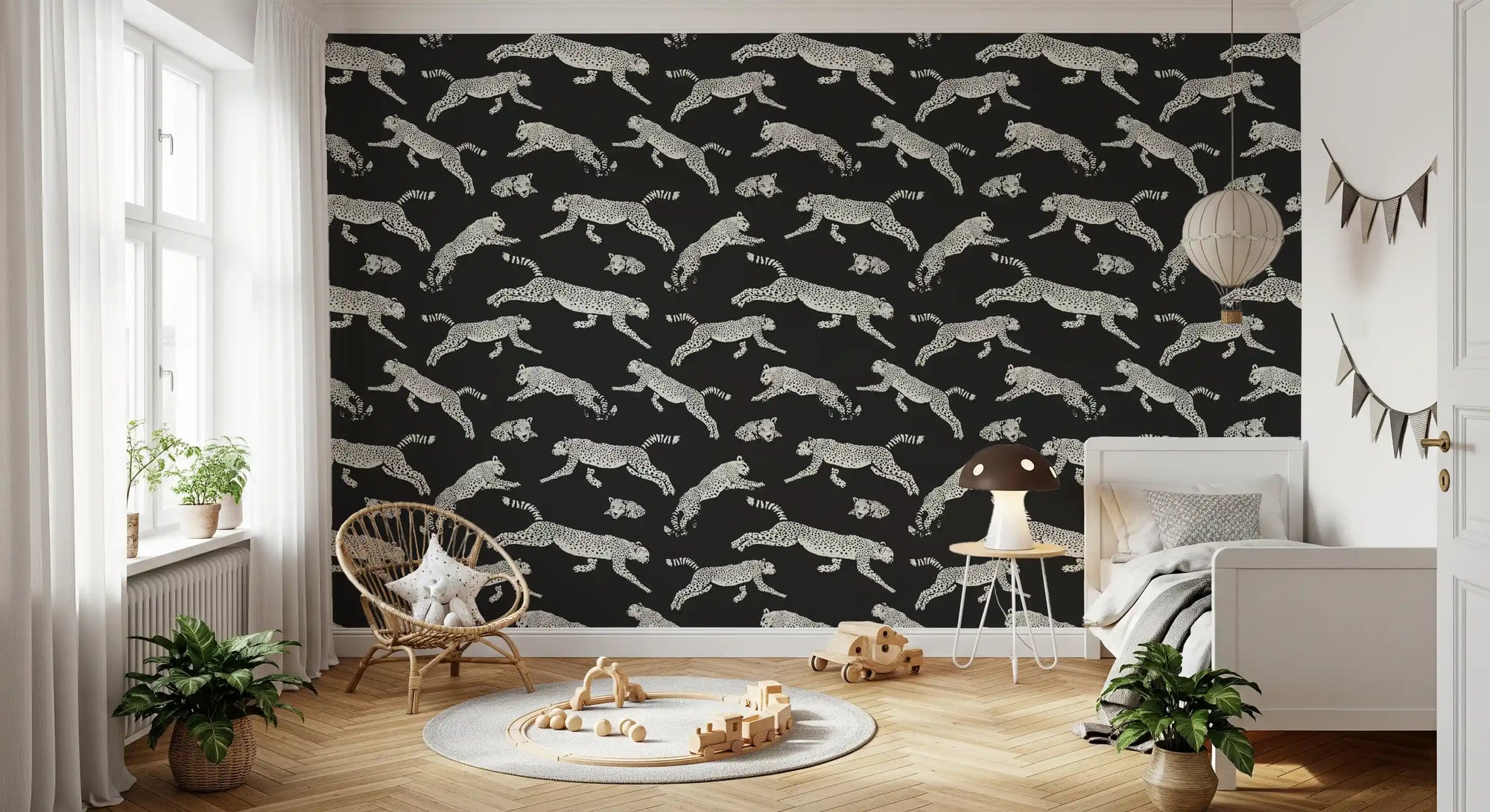 Kids room styled with the monochrome cheetah motion wallpaper GD12236
