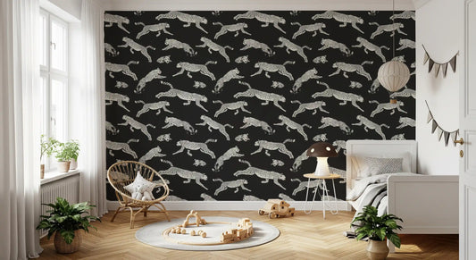 Kids room styled with the monochrome cheetah motion wallpaper GD12236

