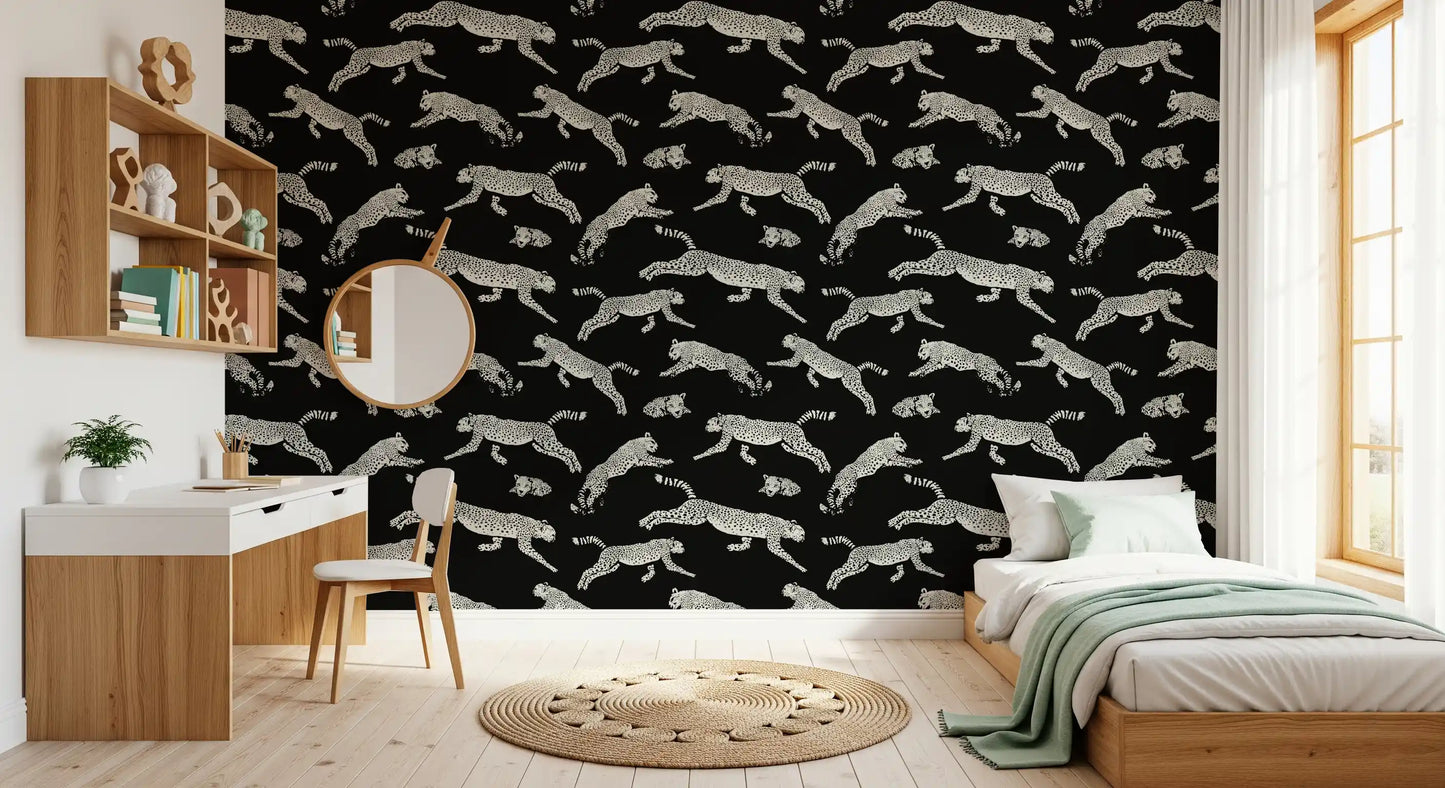 Carta da parati con motivo di ghepardi in movimento monocromatico