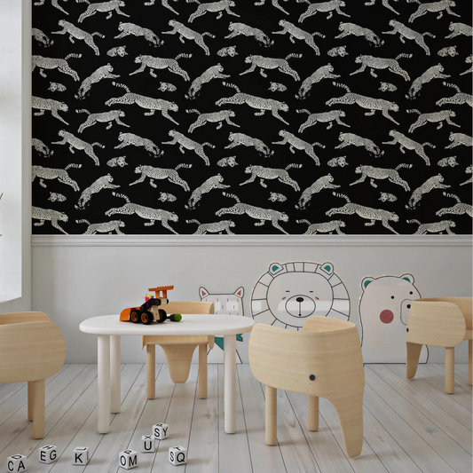 Cream cheetahs stride across a play area as animal wallpaper GD12236
