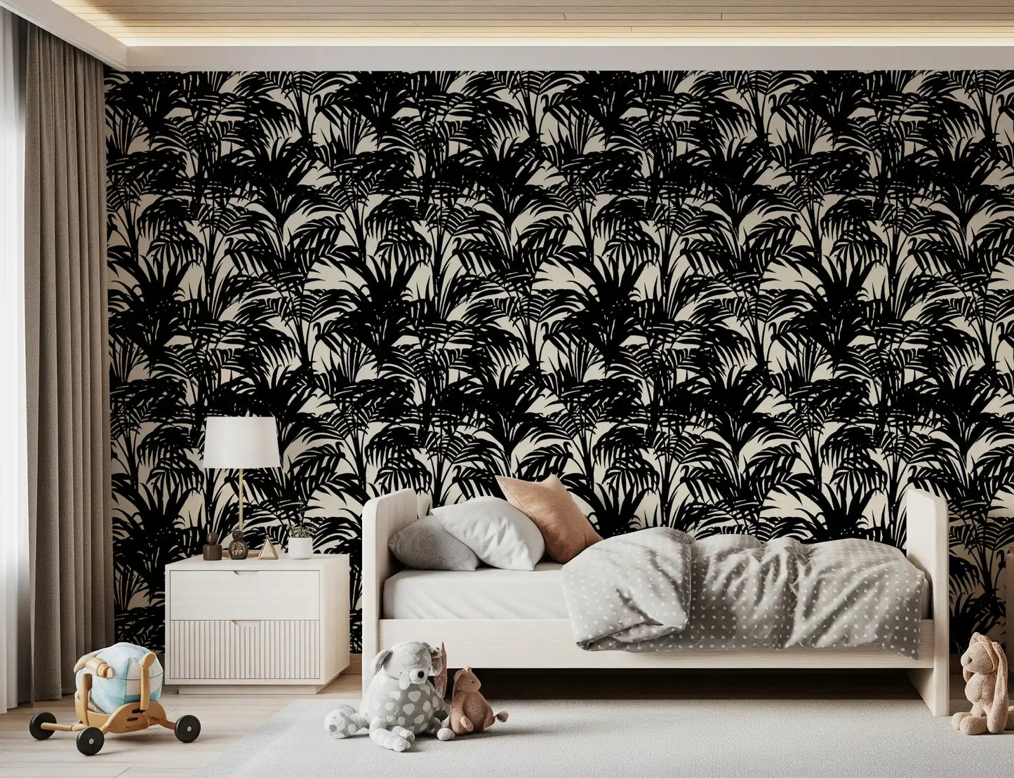 Carta da parati con silhouette monocromatica di palma tropicale