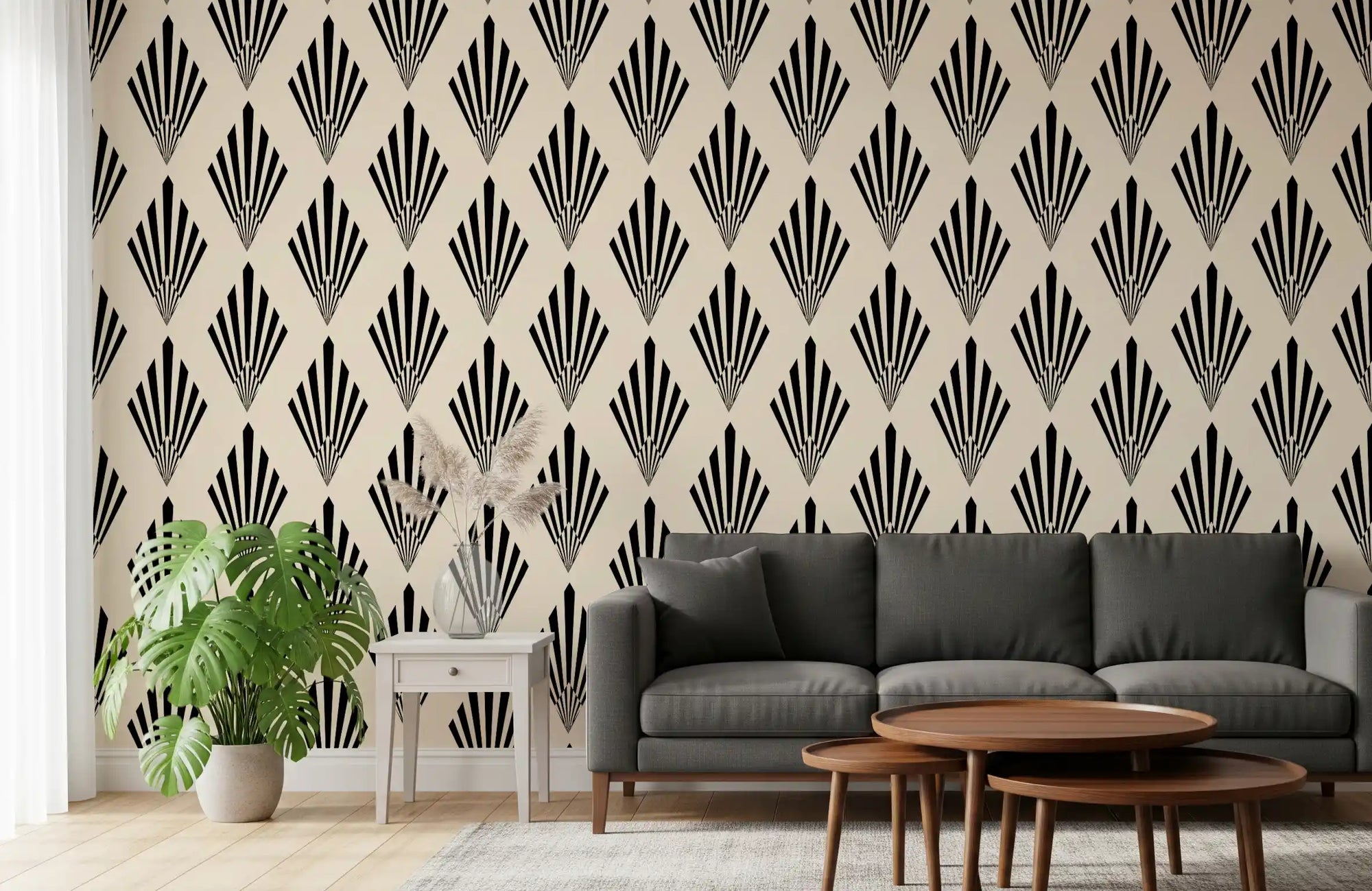 Fan motifs repeat behind a hallway on this Geometric Deco wallpaper GD12239
