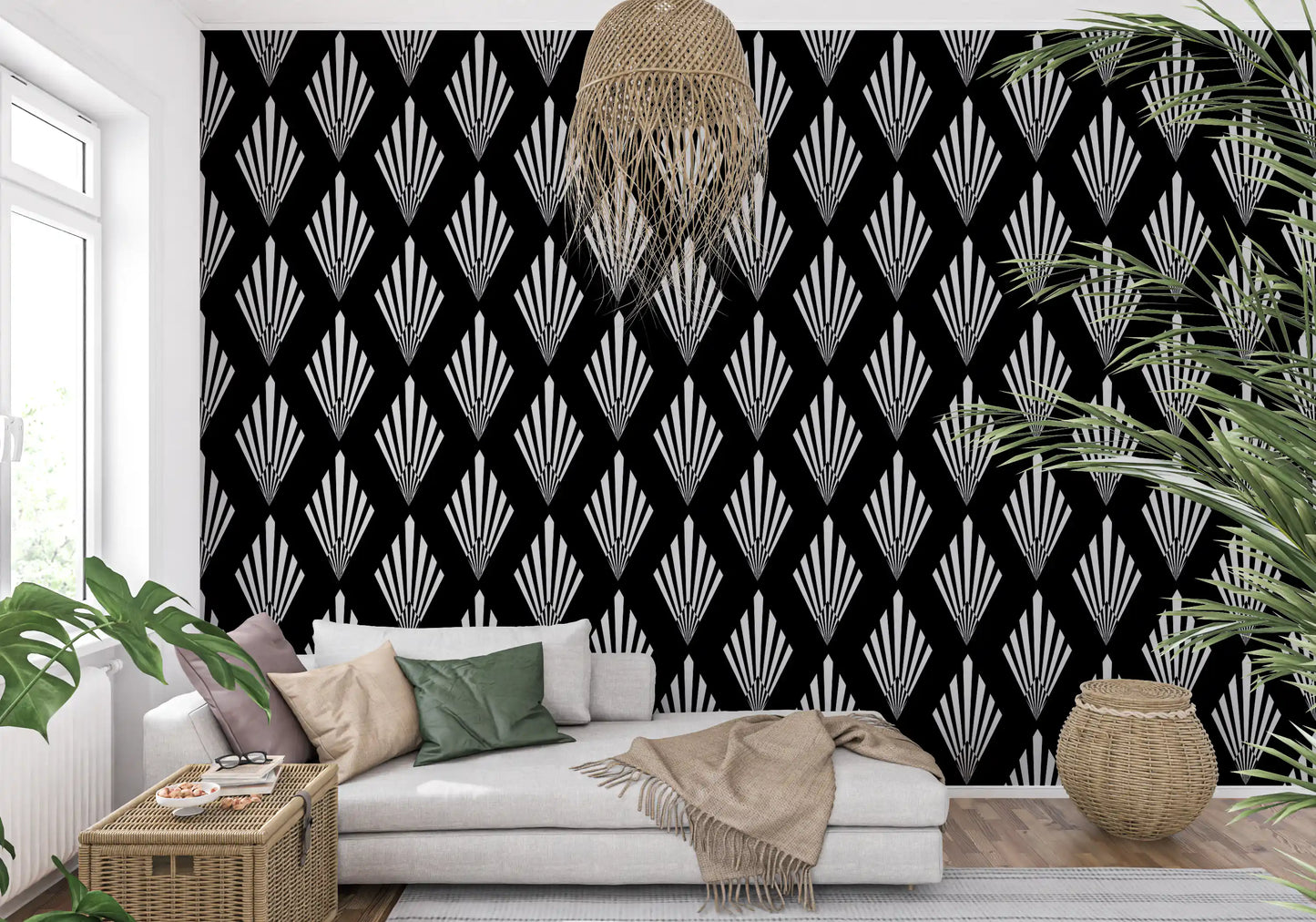 Monochromes Tapetenmuster mit Art-déco-Fächern