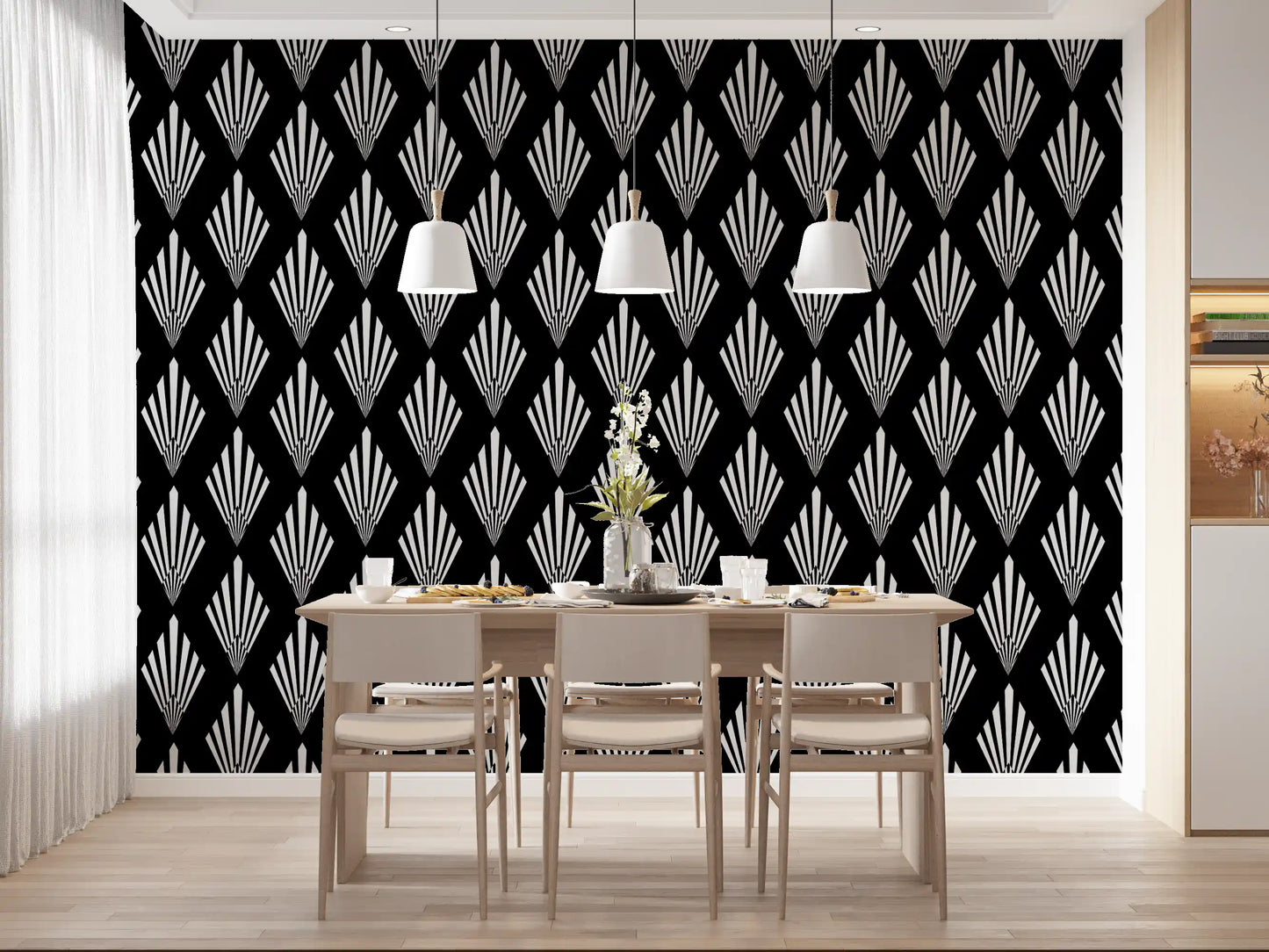 Monochromes Tapetenmuster mit Art-déco-Fächern