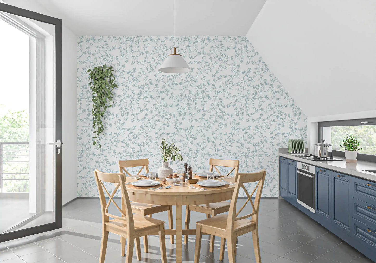 Papel tapiz con boceto floral azul sereno