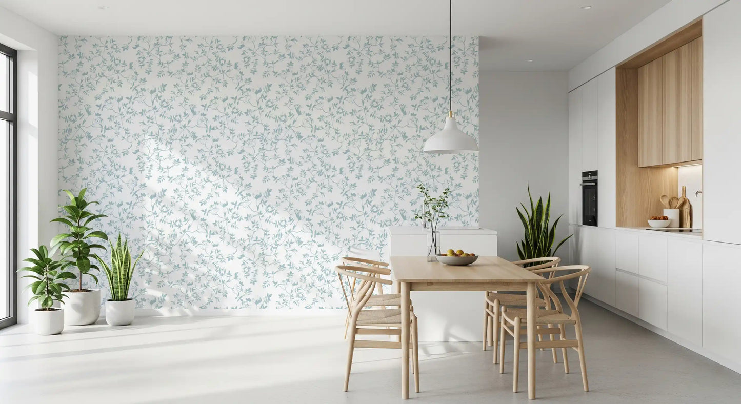 Papel tapiz con boceto floral azul sereno