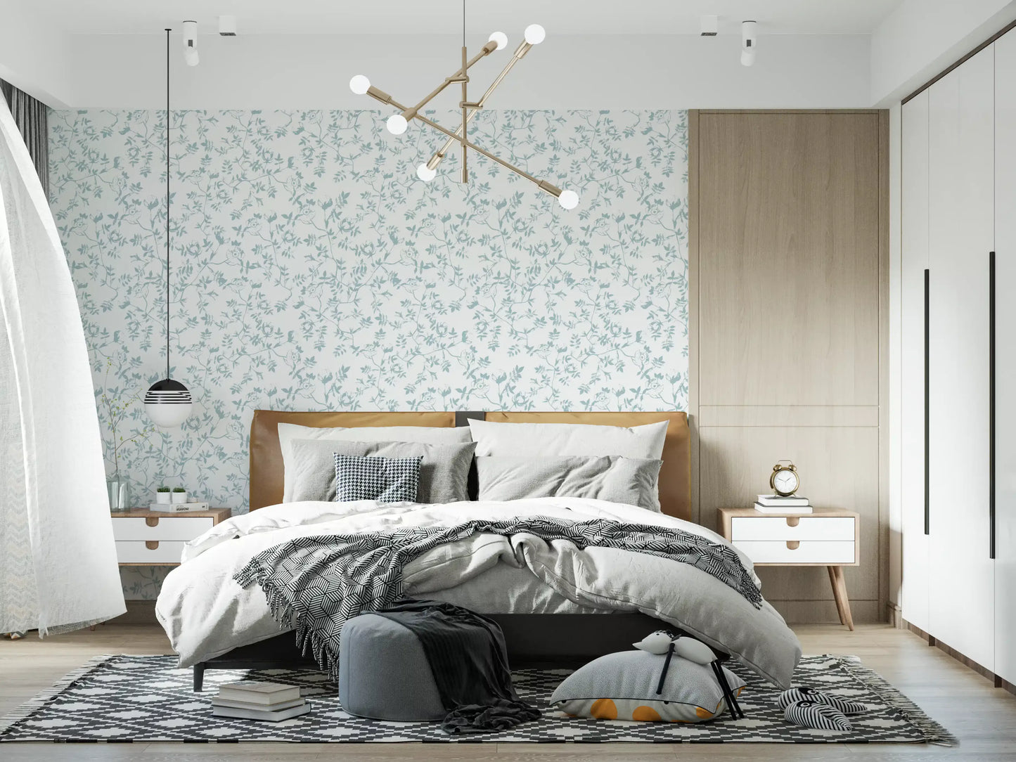 Papel tapiz con boceto floral azul sereno