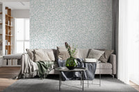 Papel tapiz con boceto floral azul sereno