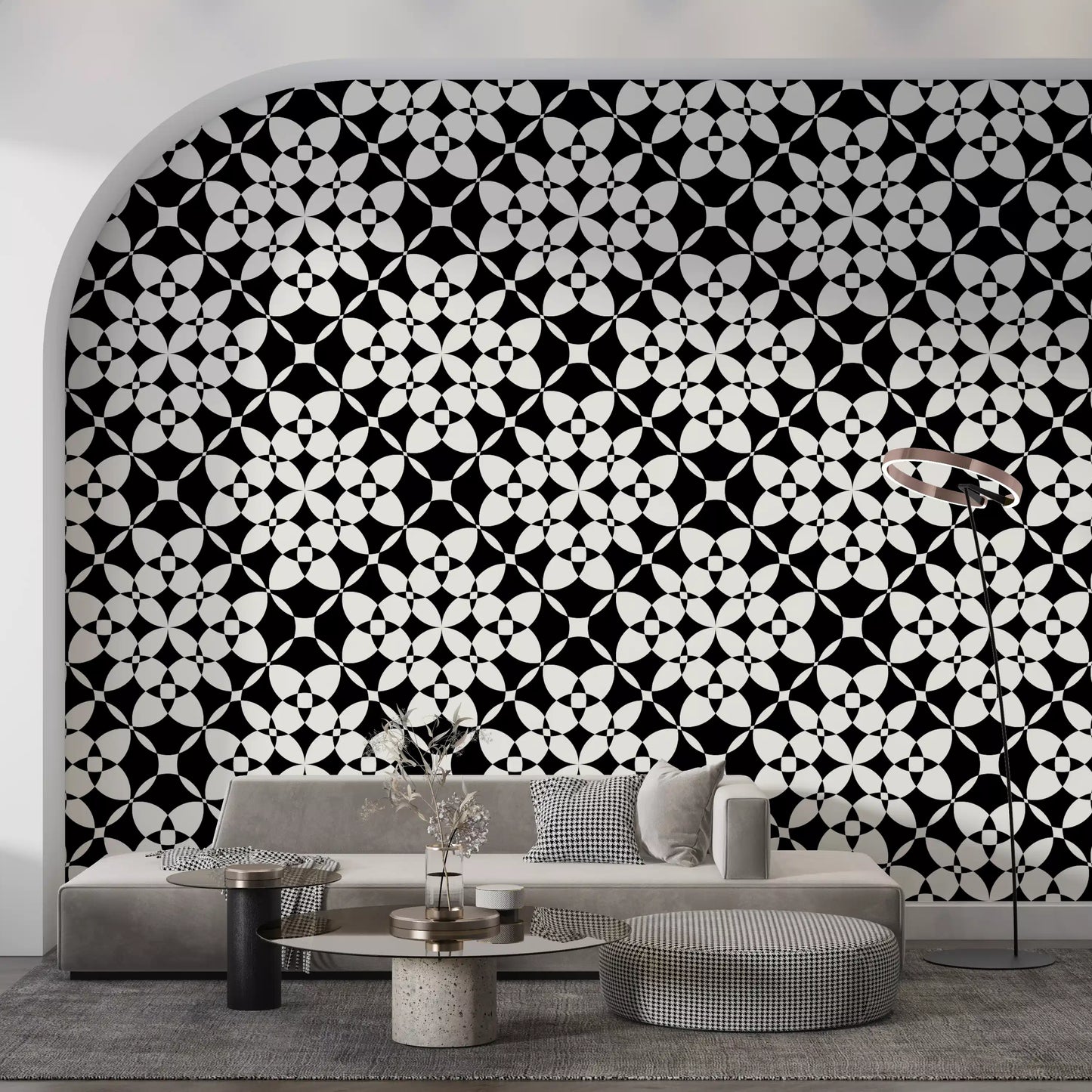 Papel pintado abstracto geométrico monocromático con curvas