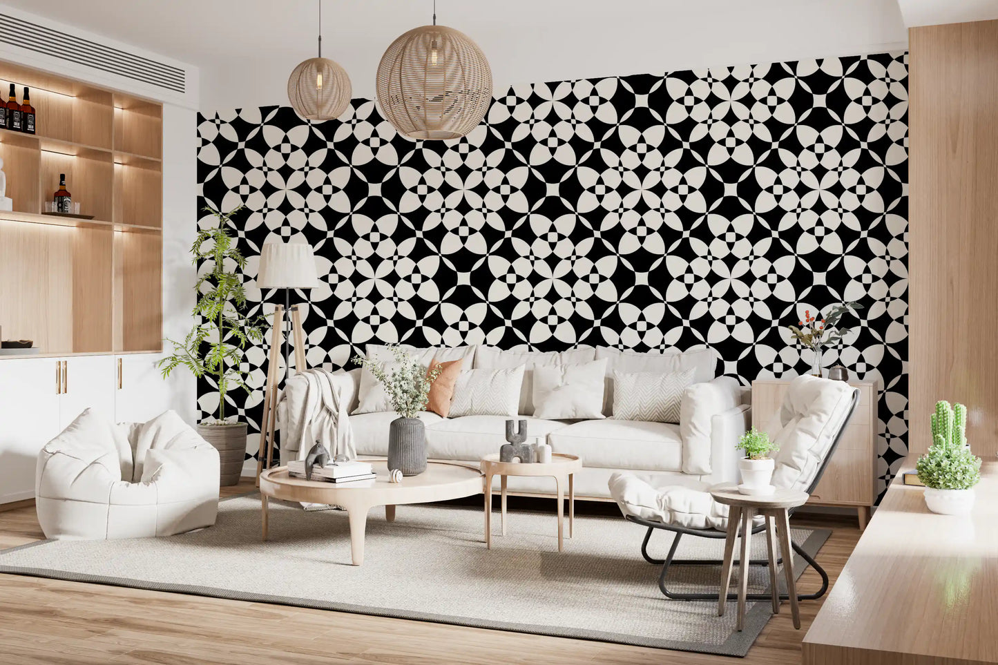 Papel pintado abstracto geométrico monocromático con curvas